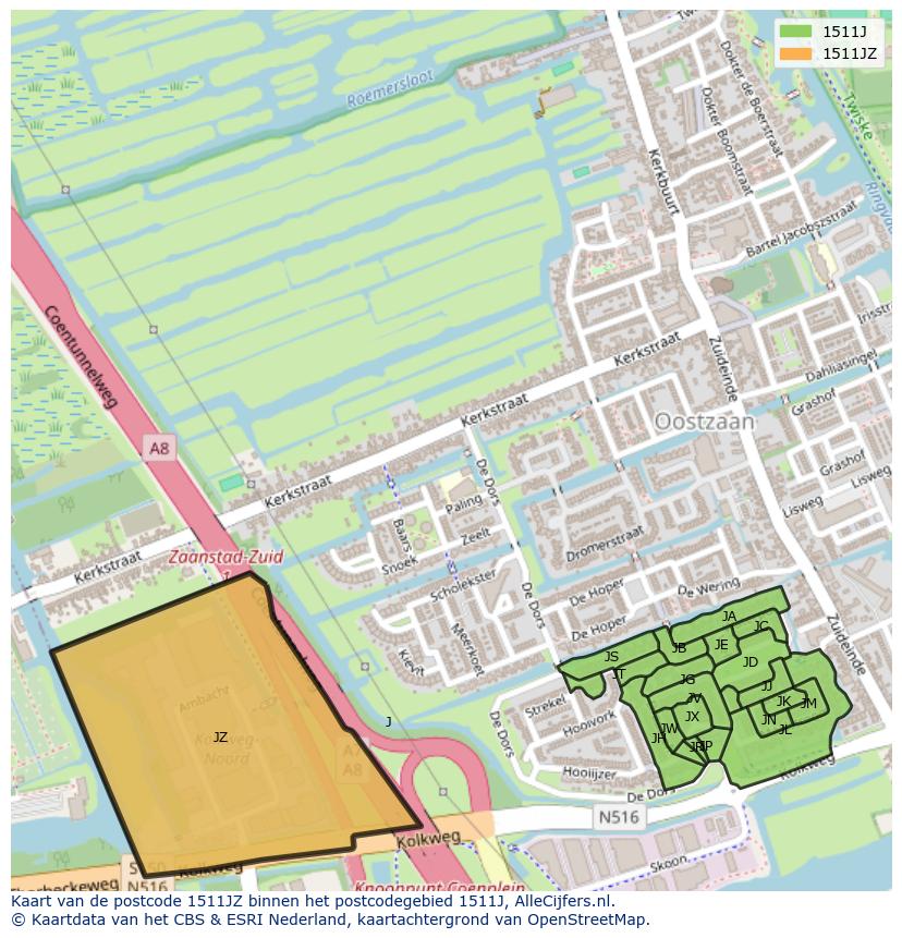 Afbeelding van het postcodegebied 1511 JZ op de kaart.