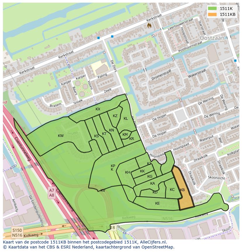 Afbeelding van het postcodegebied 1511 KB op de kaart.