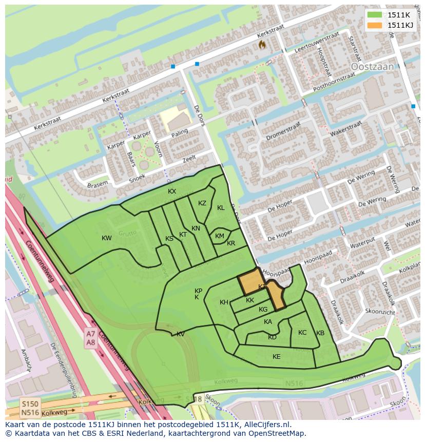 Afbeelding van het postcodegebied 1511 KJ op de kaart.