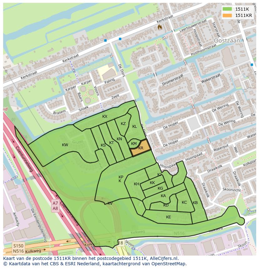 Afbeelding van het postcodegebied 1511 KR op de kaart.