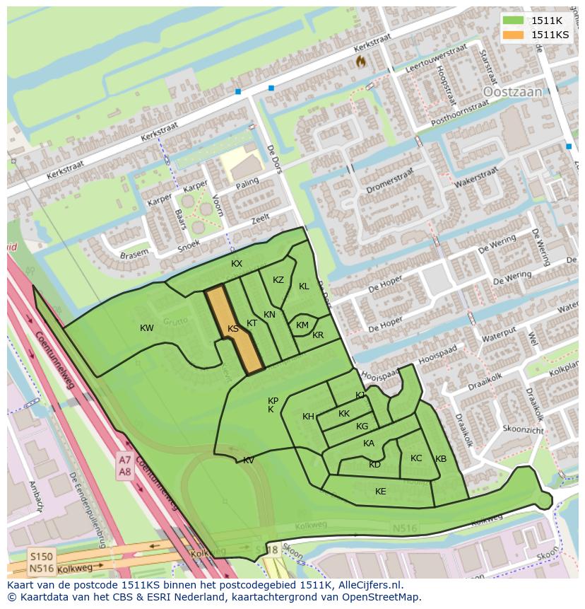 Afbeelding van het postcodegebied 1511 KS op de kaart.
