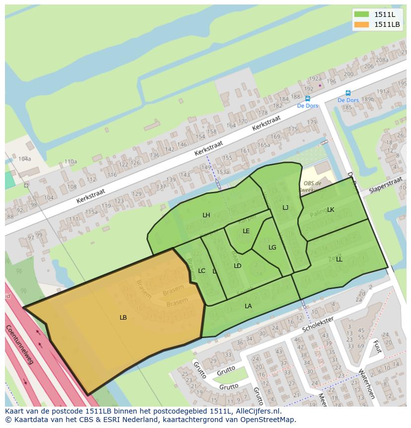 Afbeelding van het postcodegebied 1511 LB op de kaart.