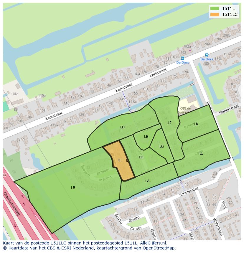 Afbeelding van het postcodegebied 1511 LC op de kaart.