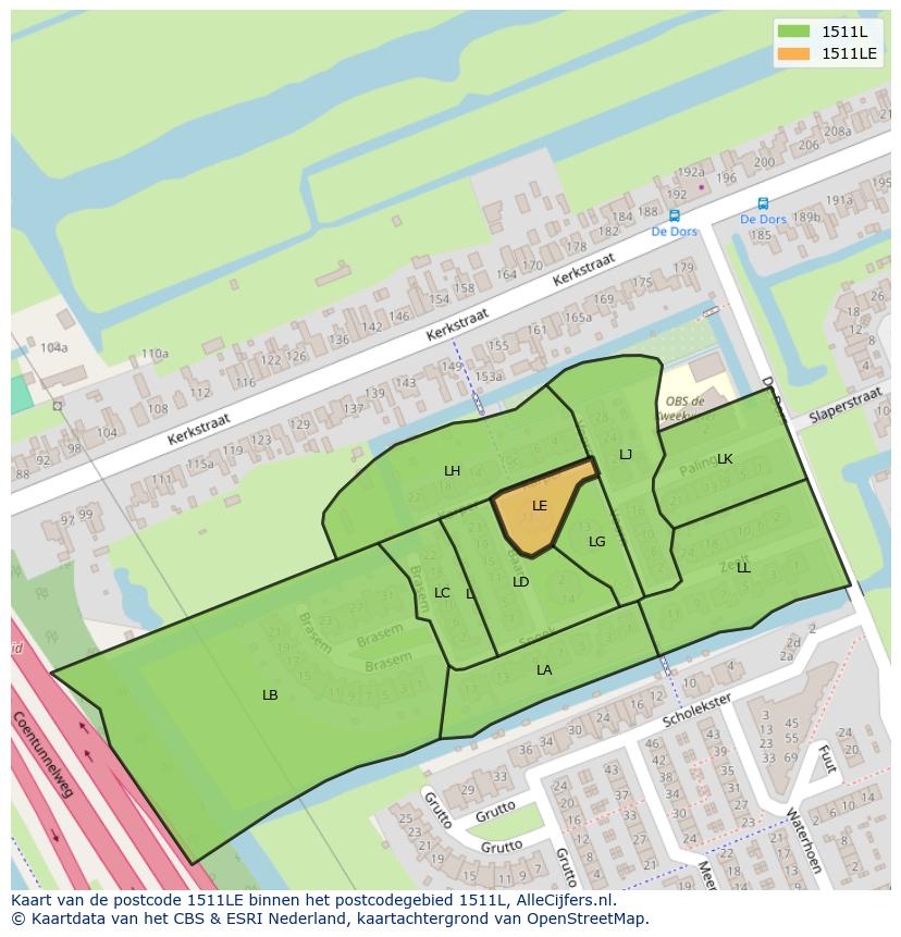 Afbeelding van het postcodegebied 1511 LE op de kaart.