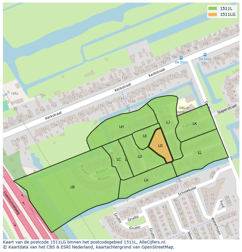 Afbeelding van het postcodegebied 1511 LG op de kaart.