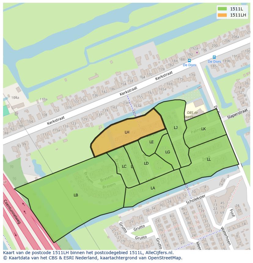 Afbeelding van het postcodegebied 1511 LH op de kaart.