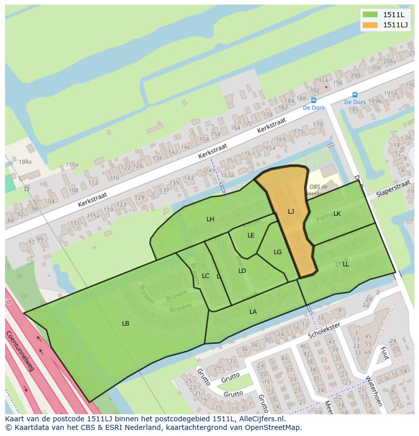 Afbeelding van het postcodegebied 1511 LJ op de kaart.