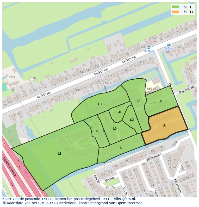 Afbeelding van het postcodegebied 1511 LL op de kaart.