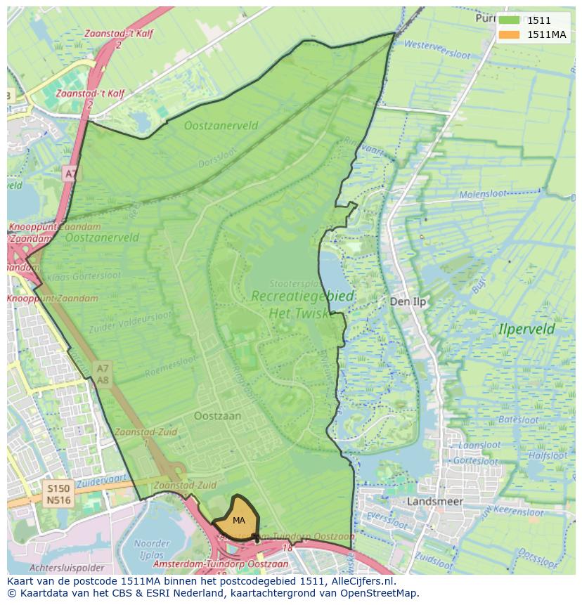 Afbeelding van het postcodegebied 1511 MA op de kaart.