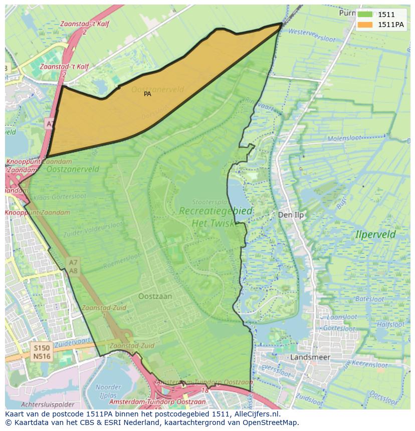 Afbeelding van het postcodegebied 1511 PA op de kaart.