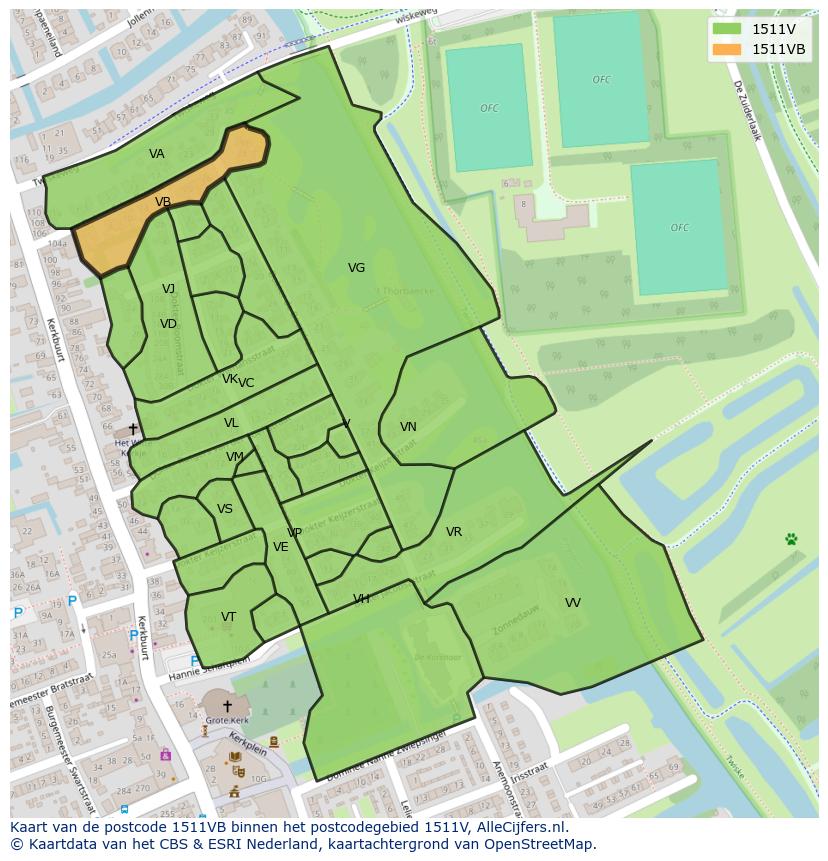 Afbeelding van het postcodegebied 1511 VB op de kaart.