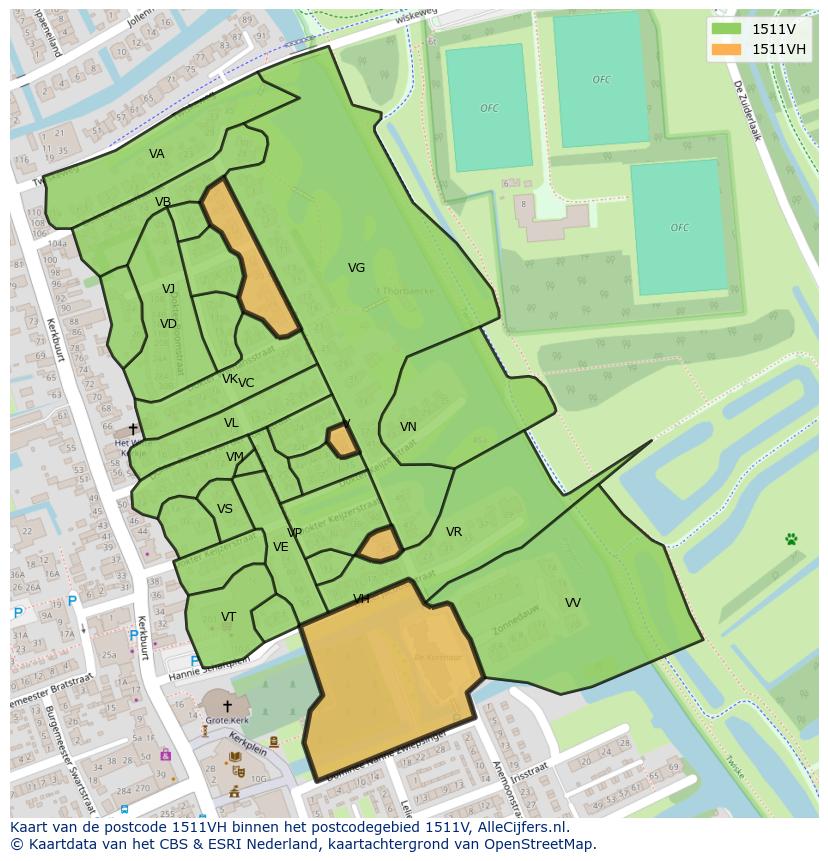 Afbeelding van het postcodegebied 1511 VH op de kaart.