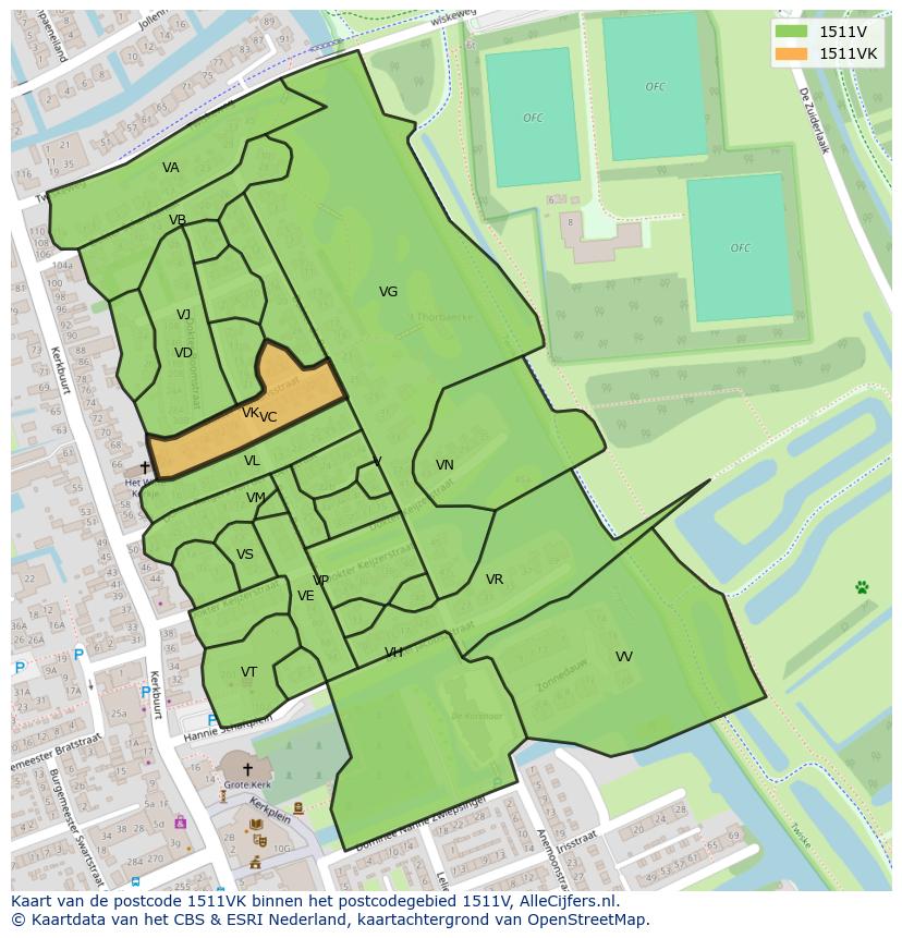 Afbeelding van het postcodegebied 1511 VK op de kaart.