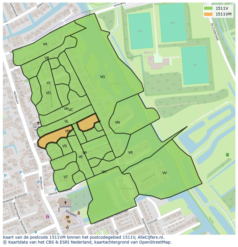 Afbeelding van het postcodegebied 1511 VM op de kaart.