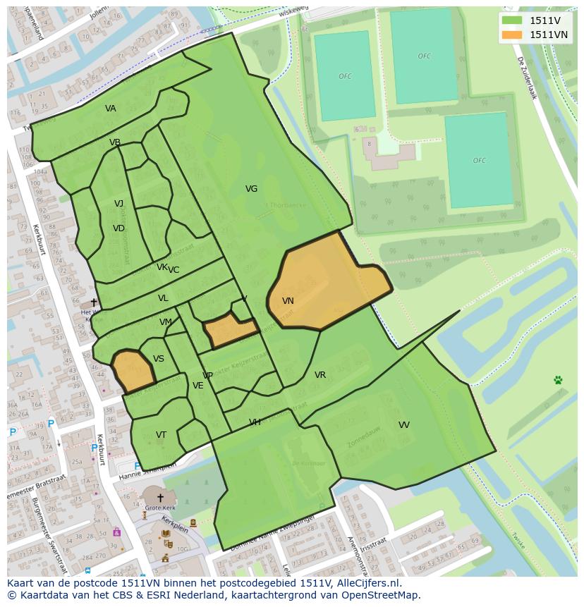 Afbeelding van het postcodegebied 1511 VN op de kaart.