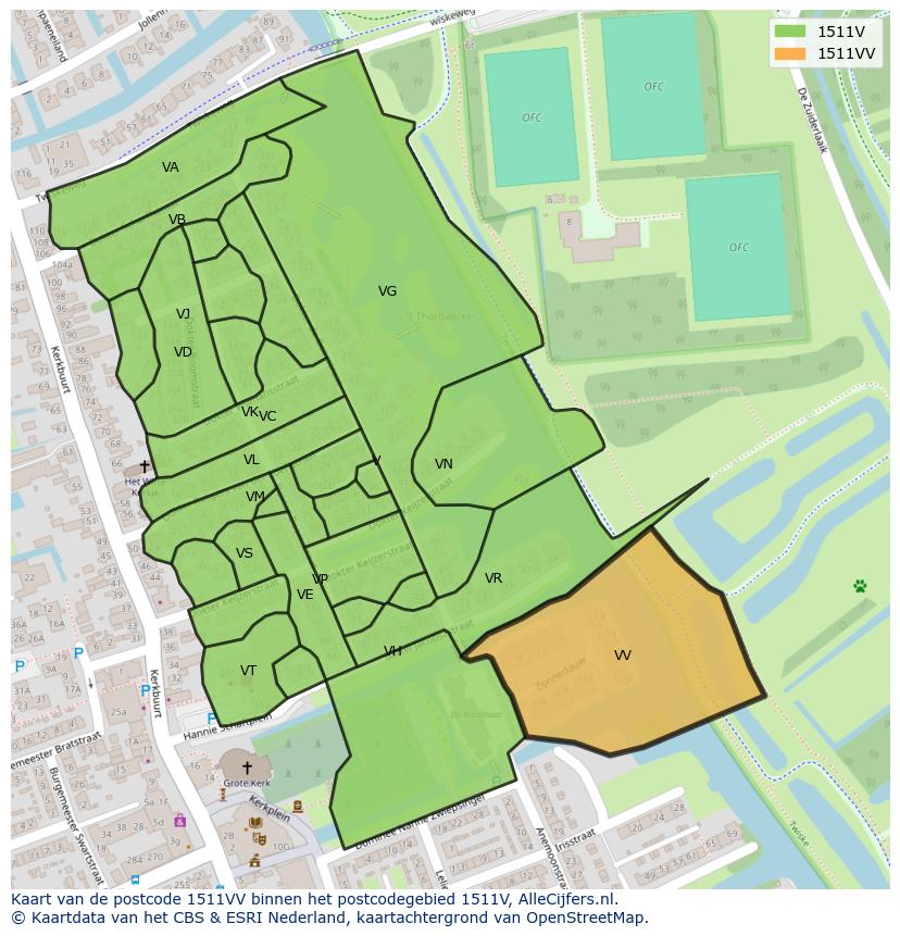 Afbeelding van het postcodegebied 1511 VV op de kaart.