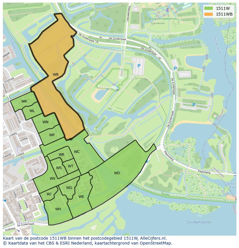 Afbeelding van het postcodegebied 1511 WB op de kaart.