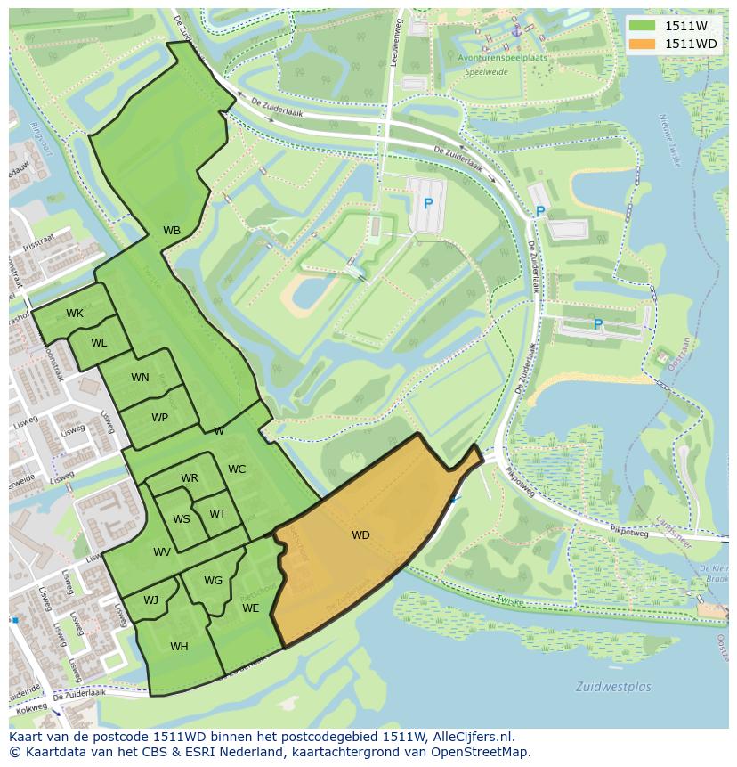 Afbeelding van het postcodegebied 1511 WD op de kaart.