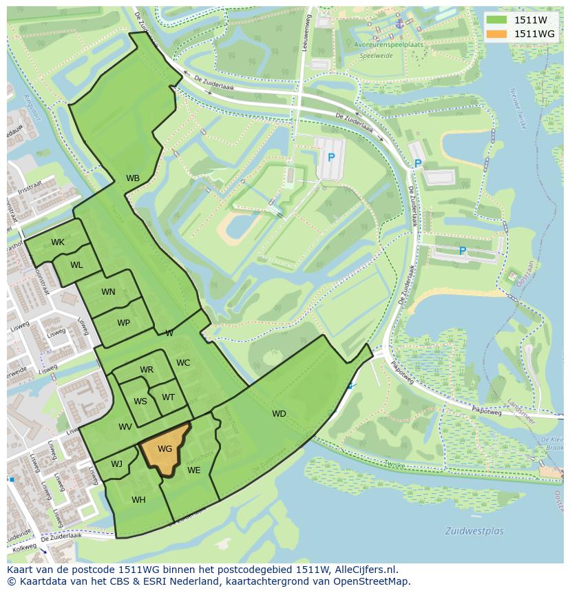 Afbeelding van het postcodegebied 1511 WG op de kaart.