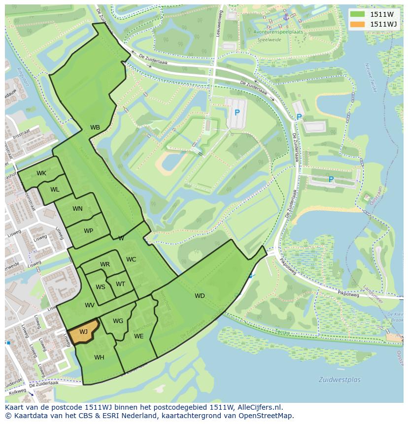Afbeelding van het postcodegebied 1511 WJ op de kaart.