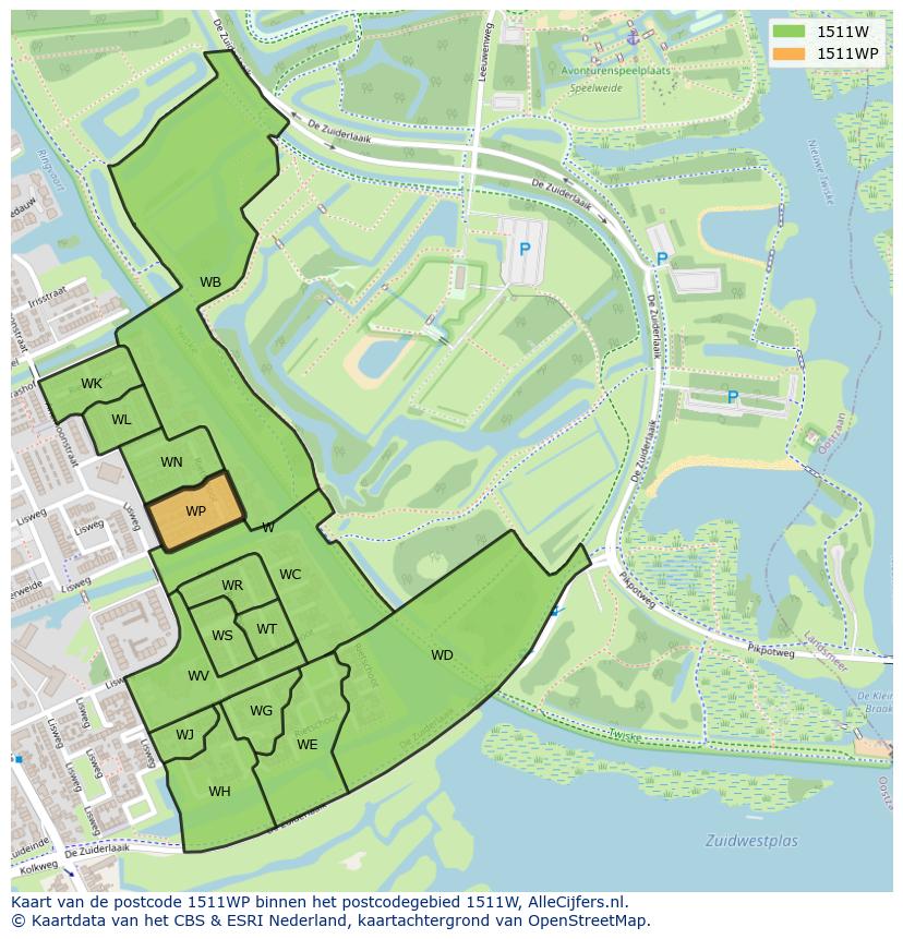 Afbeelding van het postcodegebied 1511 WP op de kaart.