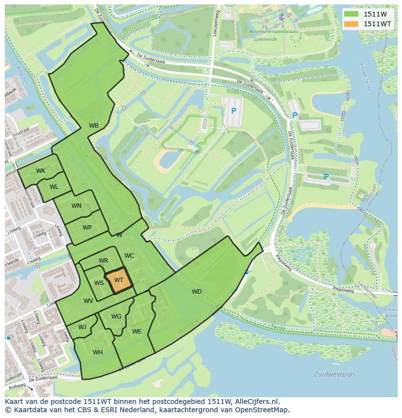 Afbeelding van het postcodegebied 1511 WT op de kaart.