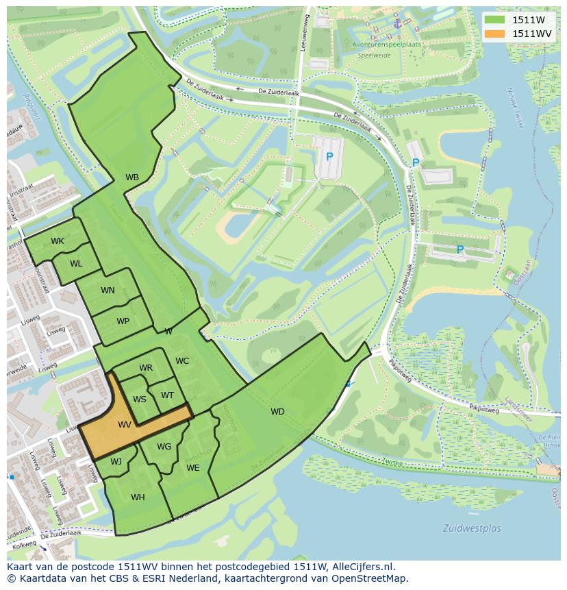 Afbeelding van het postcodegebied 1511 WV op de kaart.