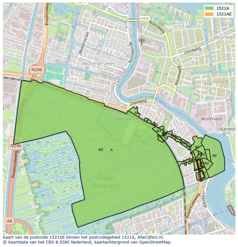 Afbeelding van het postcodegebied 1521 AE op de kaart.