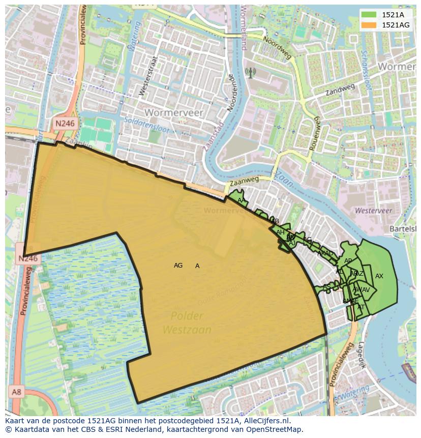 Afbeelding van het postcodegebied 1521 AG op de kaart.