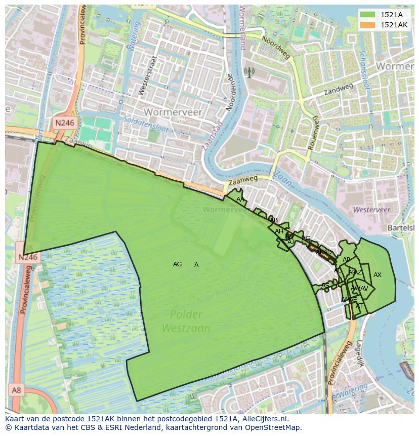Afbeelding van het postcodegebied 1521 AK op de kaart.