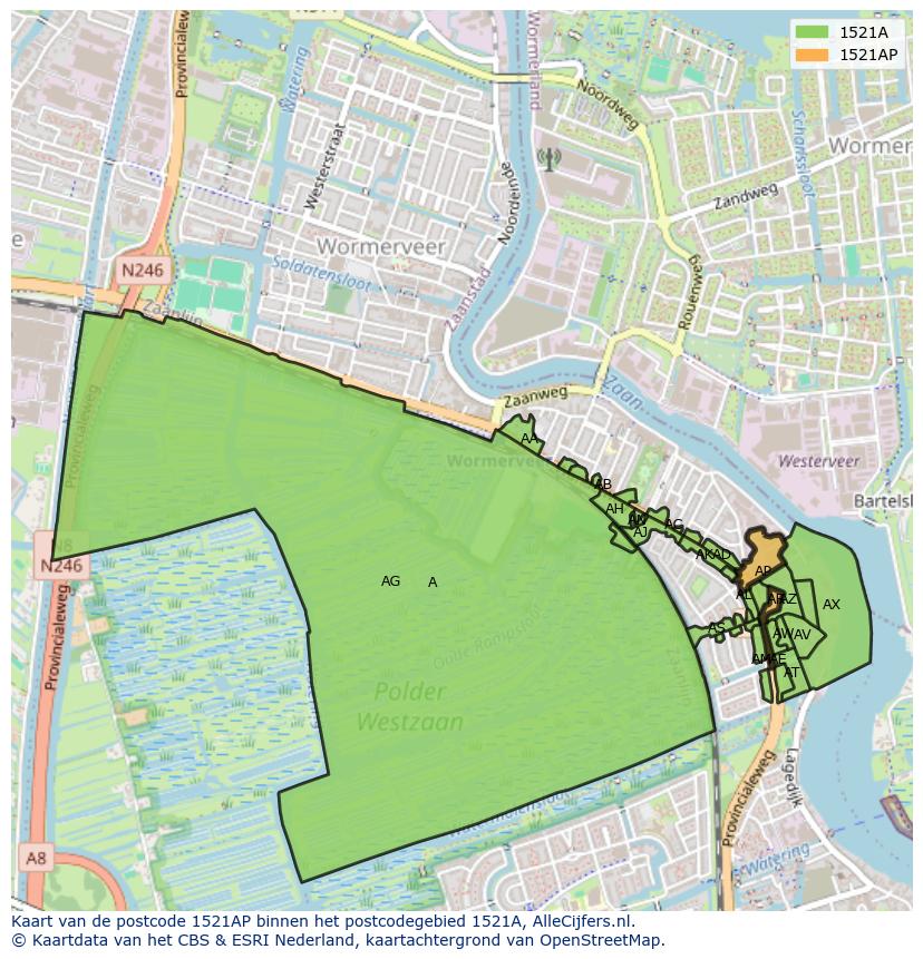 Afbeelding van het postcodegebied 1521 AP op de kaart.