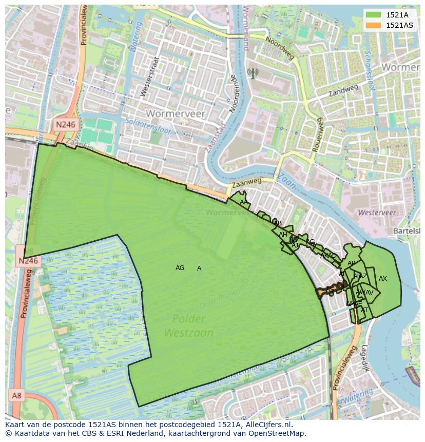 Afbeelding van het postcodegebied 1521 AS op de kaart.