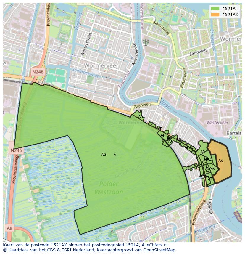Afbeelding van het postcodegebied 1521 AX op de kaart.