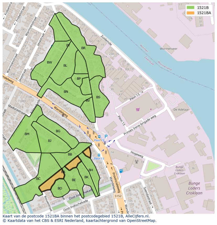 Afbeelding van het postcodegebied 1521 BA op de kaart.