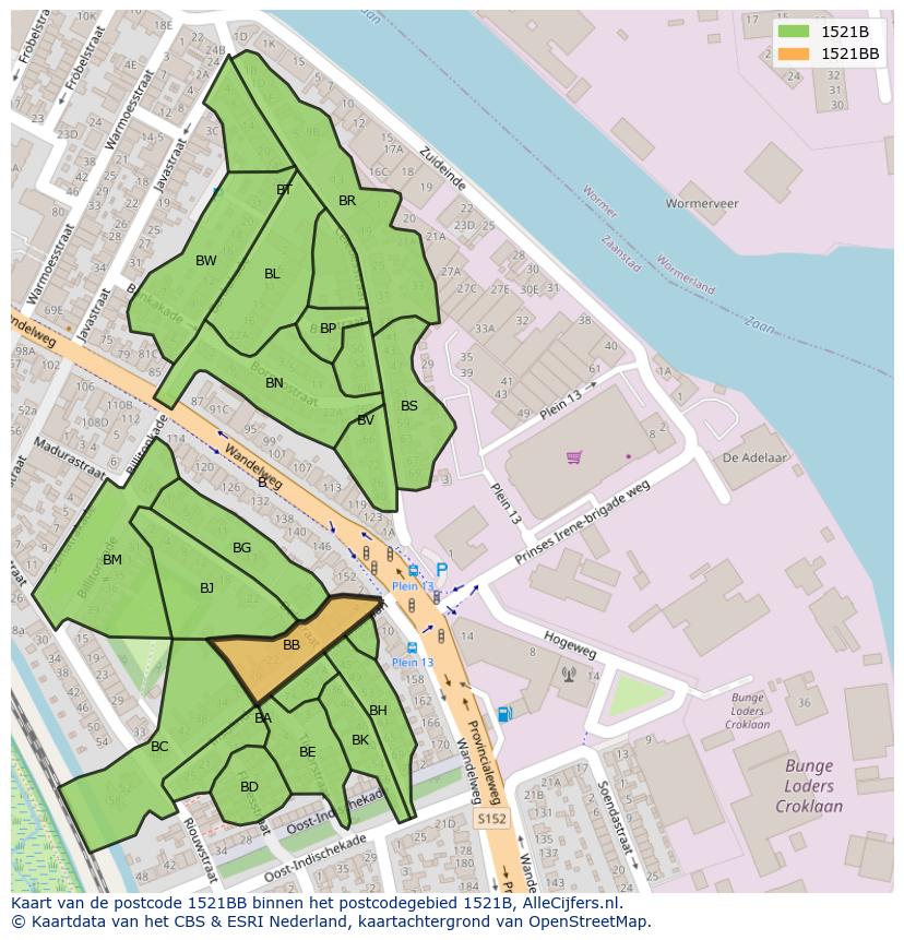 Afbeelding van het postcodegebied 1521 BB op de kaart.