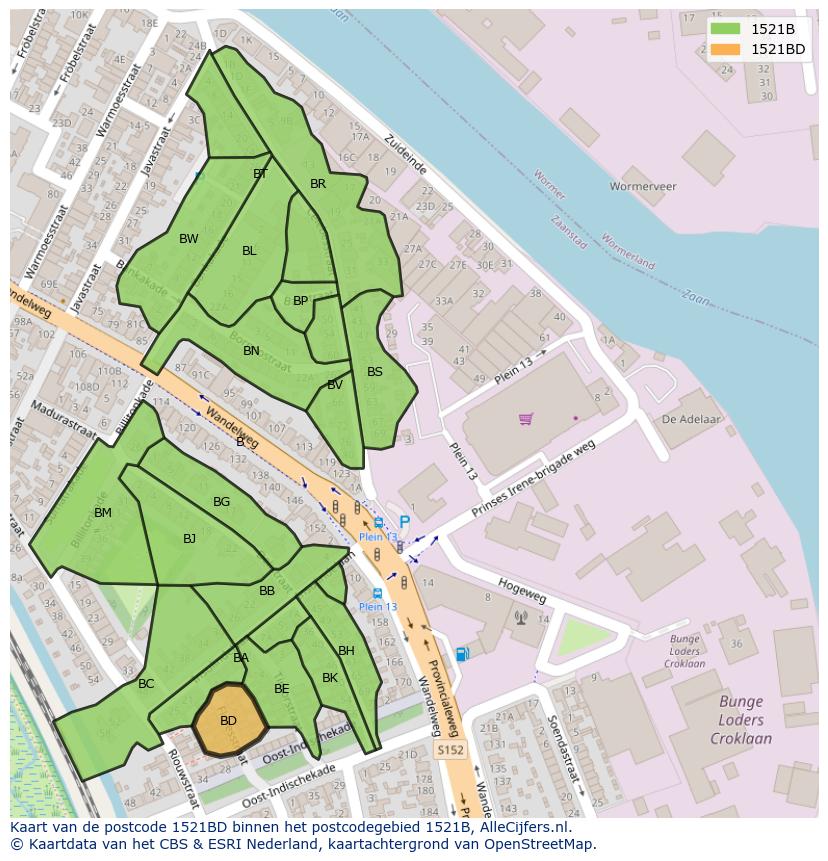 Afbeelding van het postcodegebied 1521 BD op de kaart.