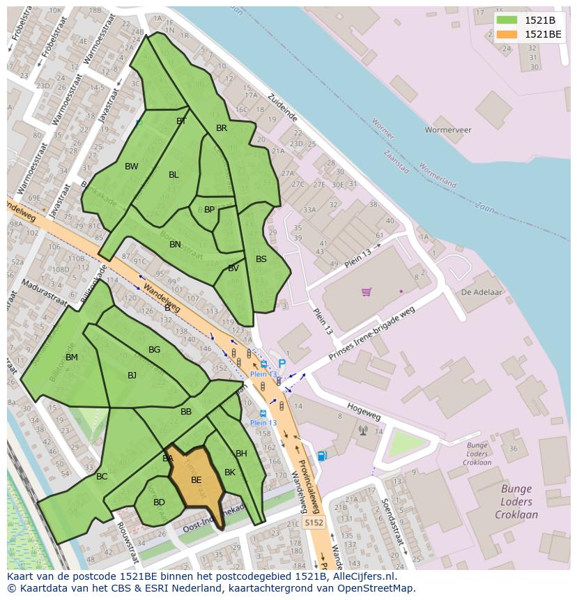 Afbeelding van het postcodegebied 1521 BE op de kaart.