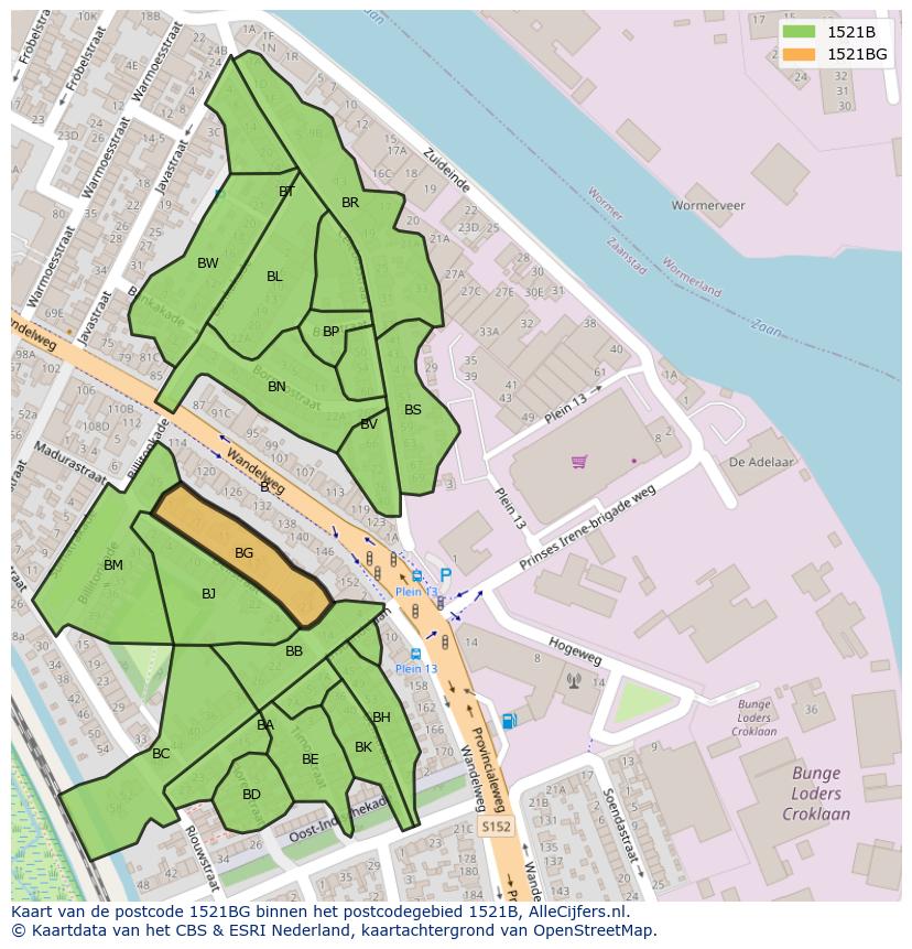 Afbeelding van het postcodegebied 1521 BG op de kaart.