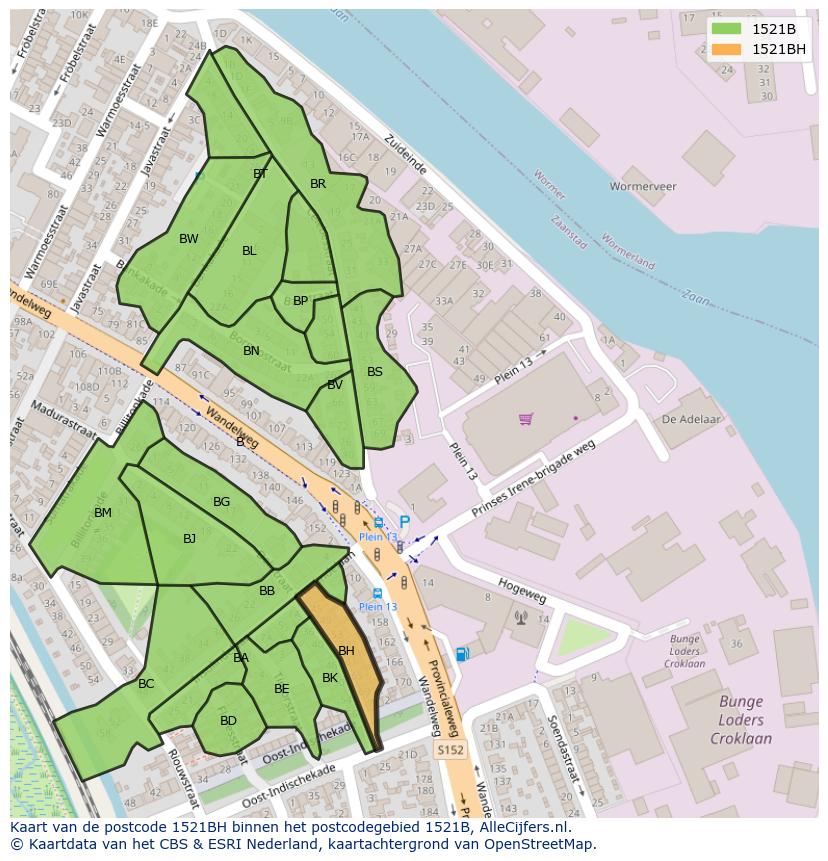 Afbeelding van het postcodegebied 1521 BH op de kaart.