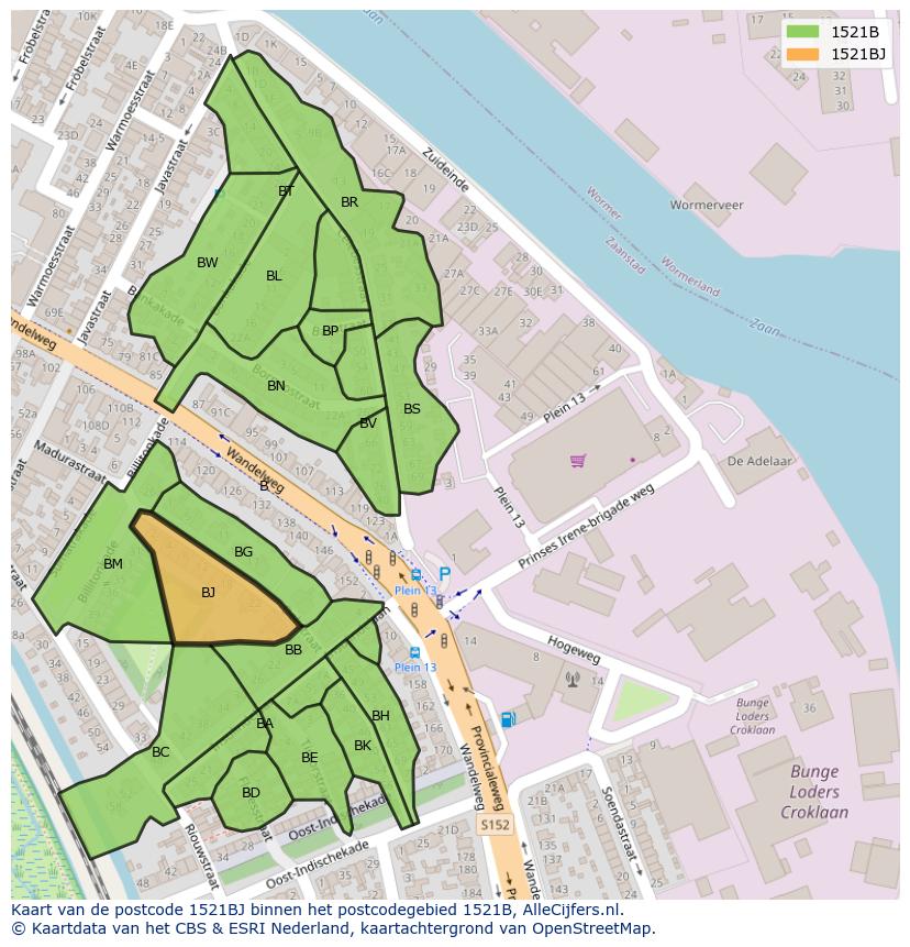 Afbeelding van het postcodegebied 1521 BJ op de kaart.