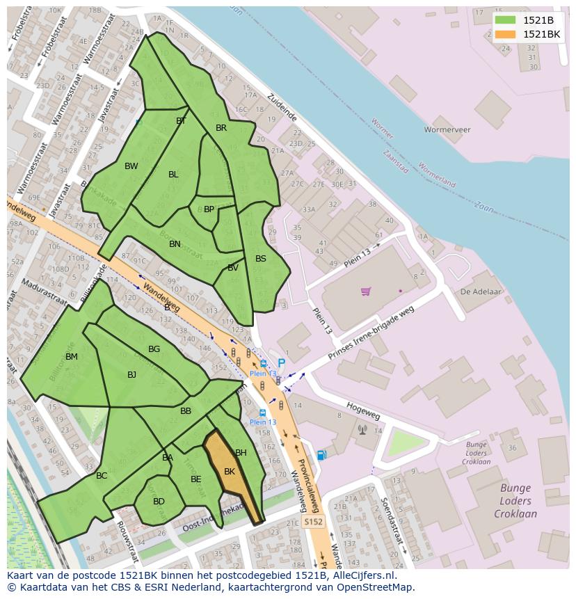 Afbeelding van het postcodegebied 1521 BK op de kaart.