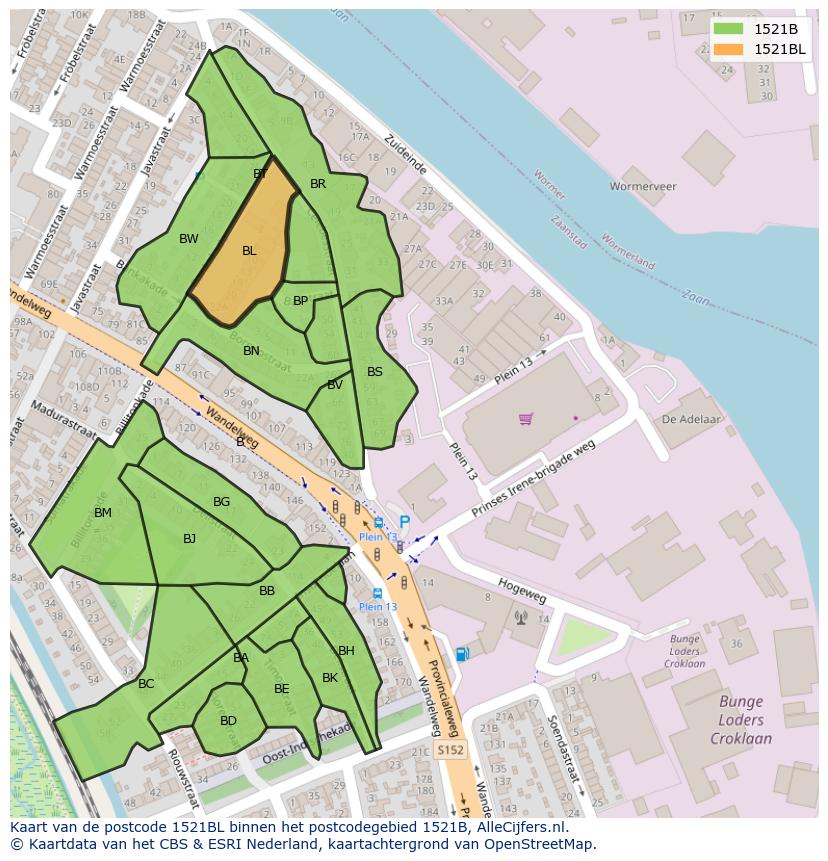 Afbeelding van het postcodegebied 1521 BL op de kaart.