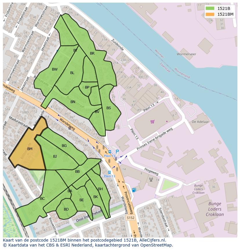 Afbeelding van het postcodegebied 1521 BM op de kaart.
