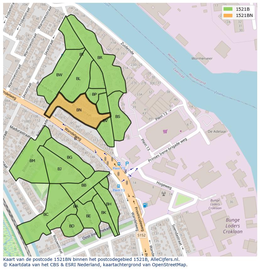 Afbeelding van het postcodegebied 1521 BN op de kaart.
