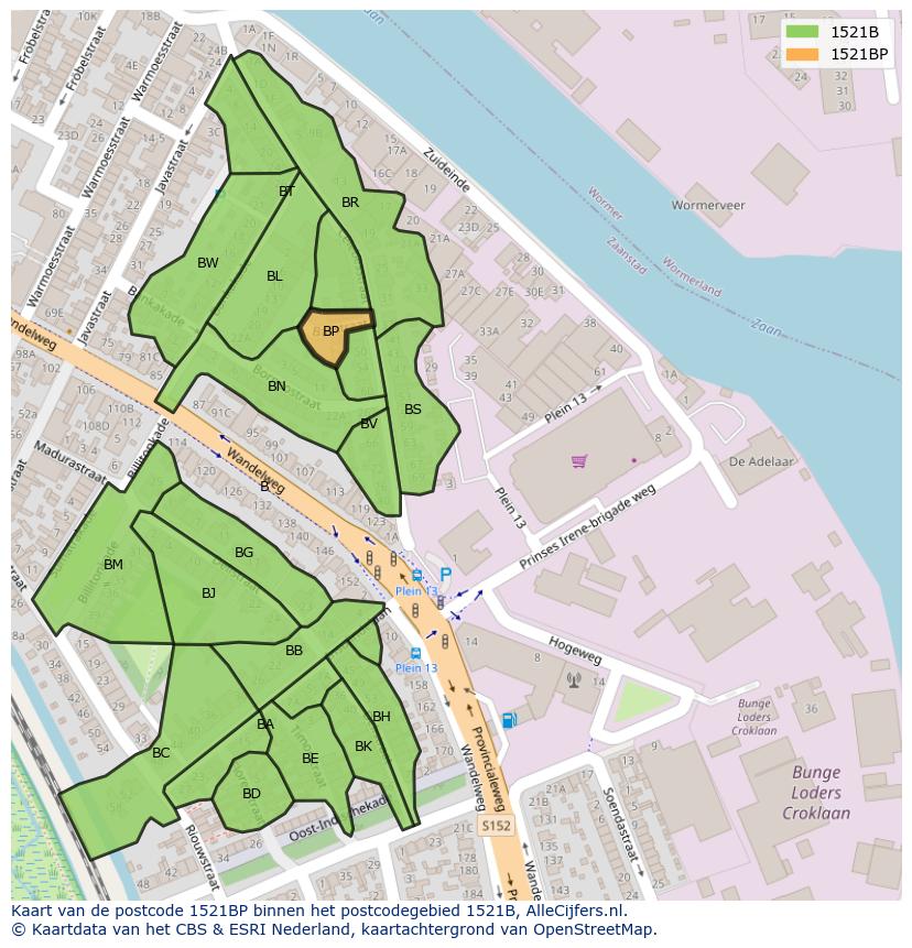 Afbeelding van het postcodegebied 1521 BP op de kaart.