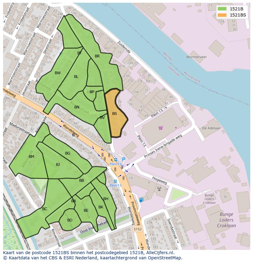 Afbeelding van het postcodegebied 1521 BS op de kaart.