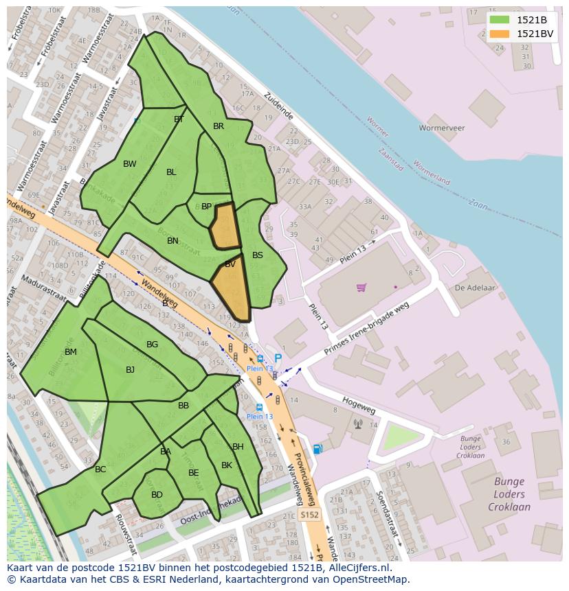 Afbeelding van het postcodegebied 1521 BV op de kaart.