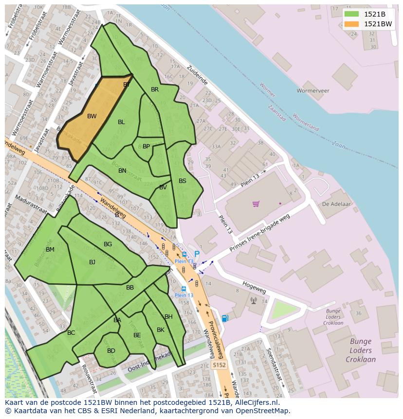 Afbeelding van het postcodegebied 1521 BW op de kaart.