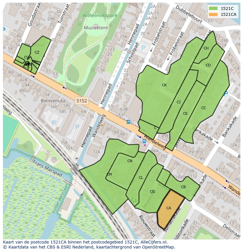 Afbeelding van het postcodegebied 1521 CA op de kaart.