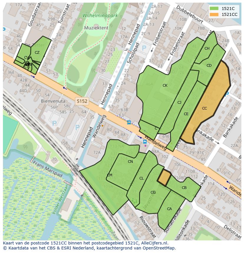Afbeelding van het postcodegebied 1521 CC op de kaart.